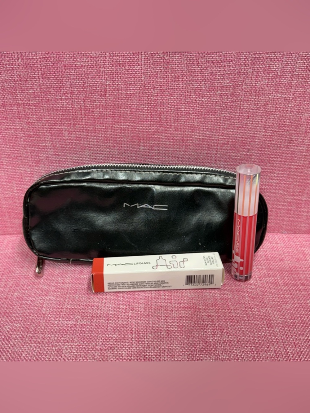 MAC Cosmetics Lipglass Set with Black Cosmetic Pouch - Pink Lipglass